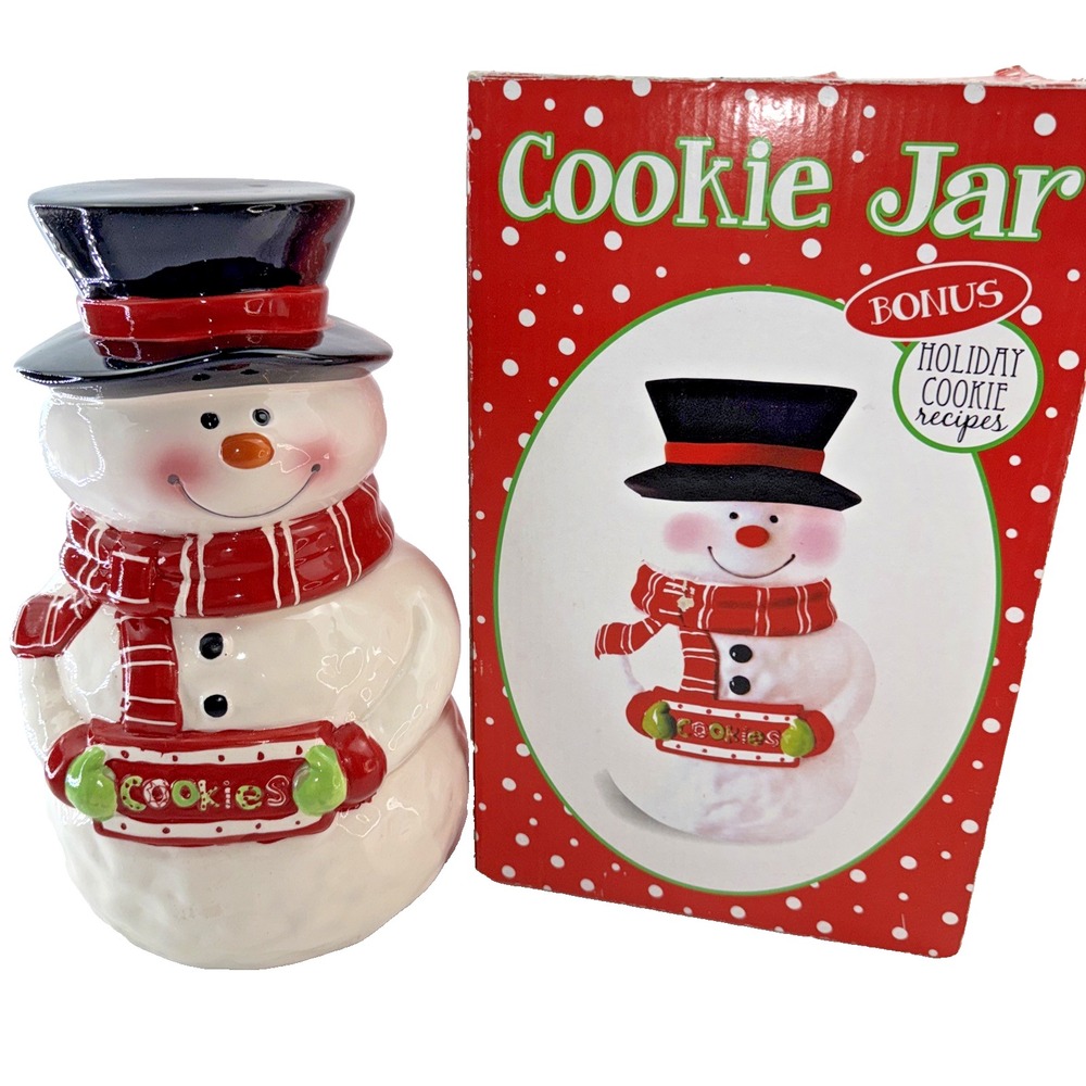 Snowman Christmas Cookie Jar Vintage Ceramic Frosty Recipes Original Box Top Hat